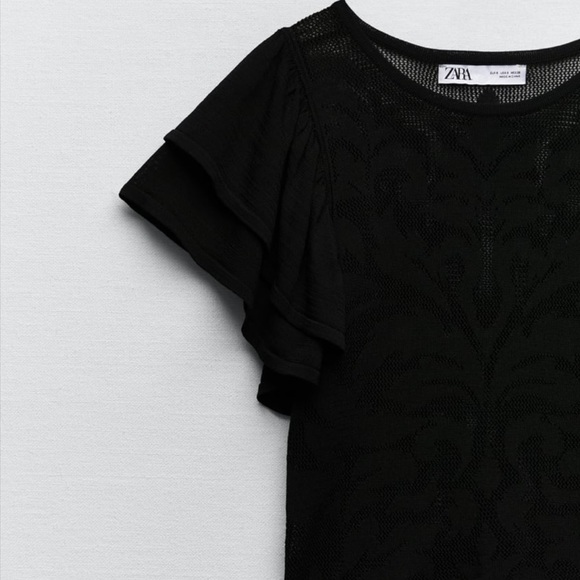 ZARA RUFFLED SLEEVE POINTELLE KNIT TOP - Picture 5 of 7